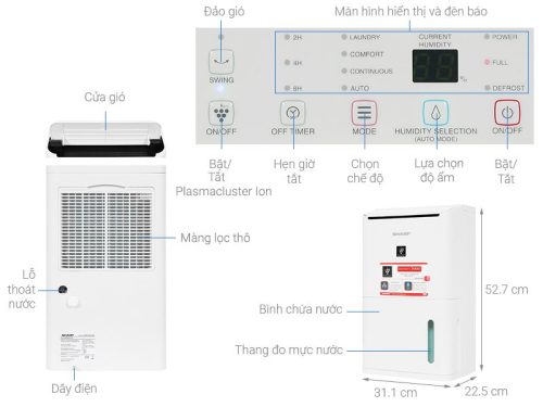 Chi tiết máy lọc không khí và hút ẩm Sharp DW-D12A-W