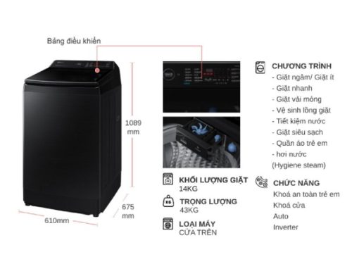 kich thuoc may giat samsung inverter 14 kg wa14cg5886bvsv cua tren