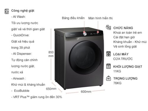 Máy Giặt Sấy Samsung Inverter AI Giặt 11 Kg - Sấy 7 Kg WD11T734DBX/SV 6 kich thuoc may giat say samsung inverter ai giat 11 kg say 7 kg wd11t734dbx sv