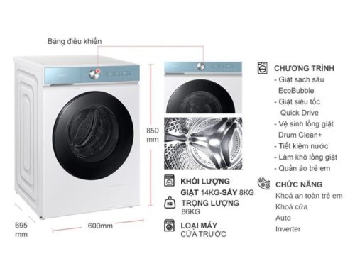 Máy Giặt Sấy Samsung Inverter Giặt 14 Kg - Sấy 8 Kg WD14BB944DGMSV 6 kich thuoc may giat say samsung inverter giat 14 kg say 8 kg wd14bb944dgmsv