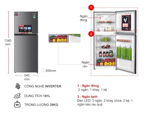 kich thuoc tu lanh 2 canh inverter 181 lit sharp sj x198v sl