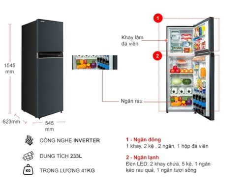 kich thuoc tu lanh 2 canh inverter 233 lit toshiba gr rt303we pmv52