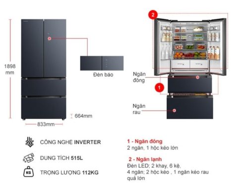 kich thuoc tu lanh 4 canh multi doors inverter 515 lit toshiba gr rf669wi pgva9 bg