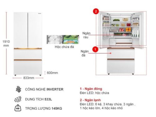 kich thuoc tu lanh 4 canh multi doors inverter 533 lit toshiba gr rf690wi pgv67