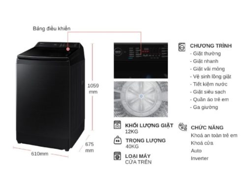 Máy Giặt Samsung Inverter 12 kg WA12CG5745BVSV cửa trên 5 kich thuoc may giat samsung inverter 12 kg wa12cg5745bvsv cua tren