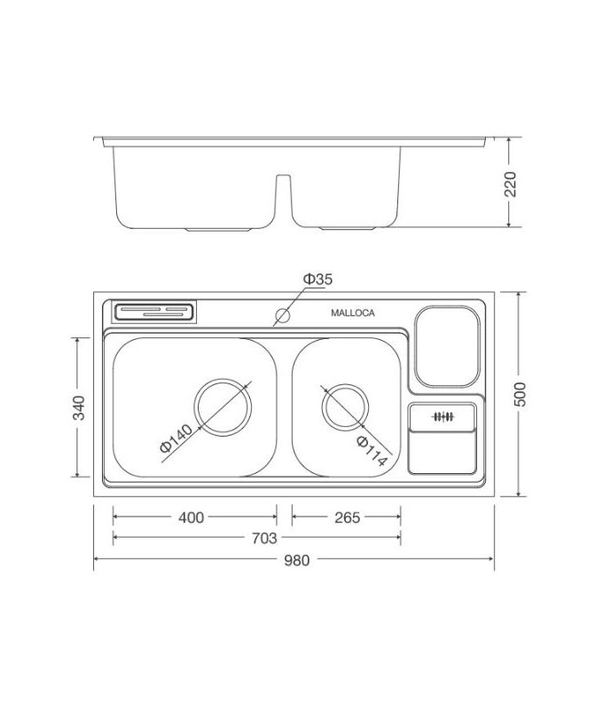 Chậu rửa bát inox 2 hố Malloca MS 8809 3 Kích thước Chậu rửa bát bán thủ công Malloca MS 8809