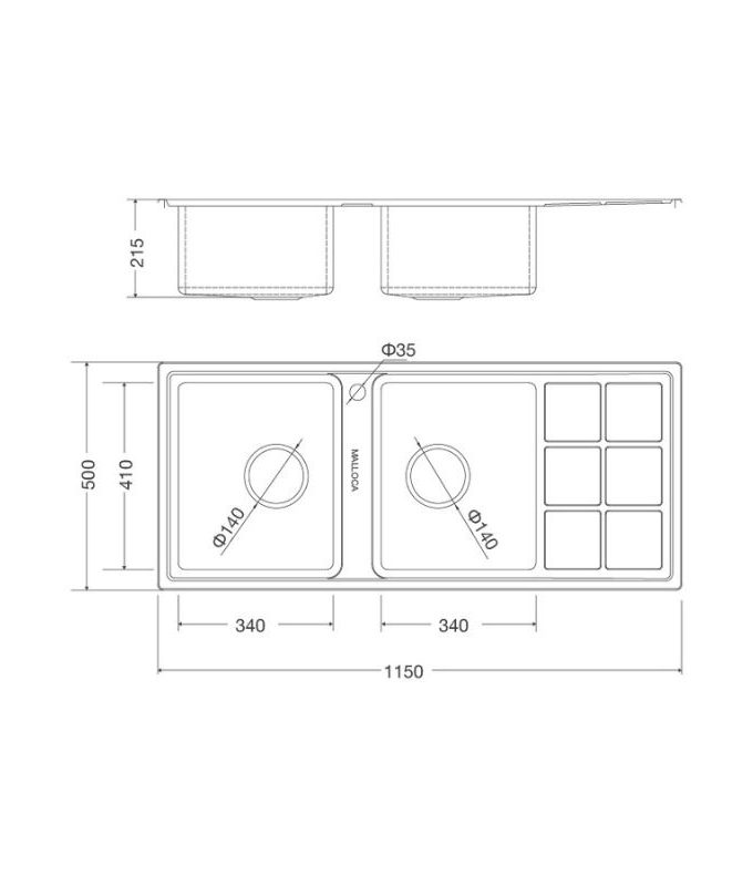 Chậu rửa bát inox 2 hố Malloca MS 8815R 3 Kích thước chậu rửa bát bán thủ công Malloca MS 8815R