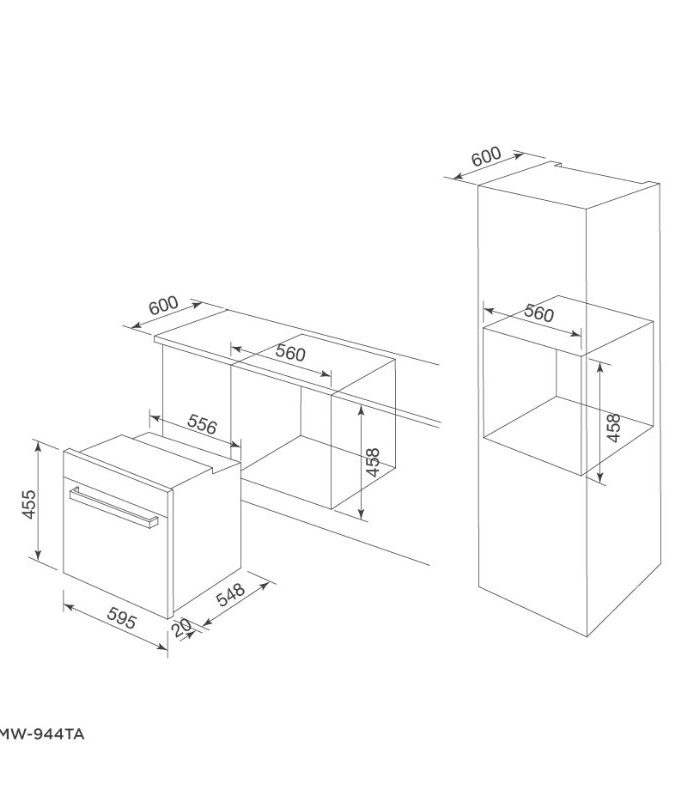 kích thước của Lò nướng kết hợp vi sóng âm tủ Malloca MW-944TF