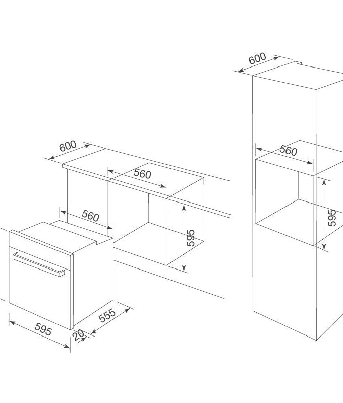 Lò nướng đa năng 75L Malloca MSO-A75TFT lắp âm 7 Kích thước lò nướng đa năng Malloca MSO-A75TFT
