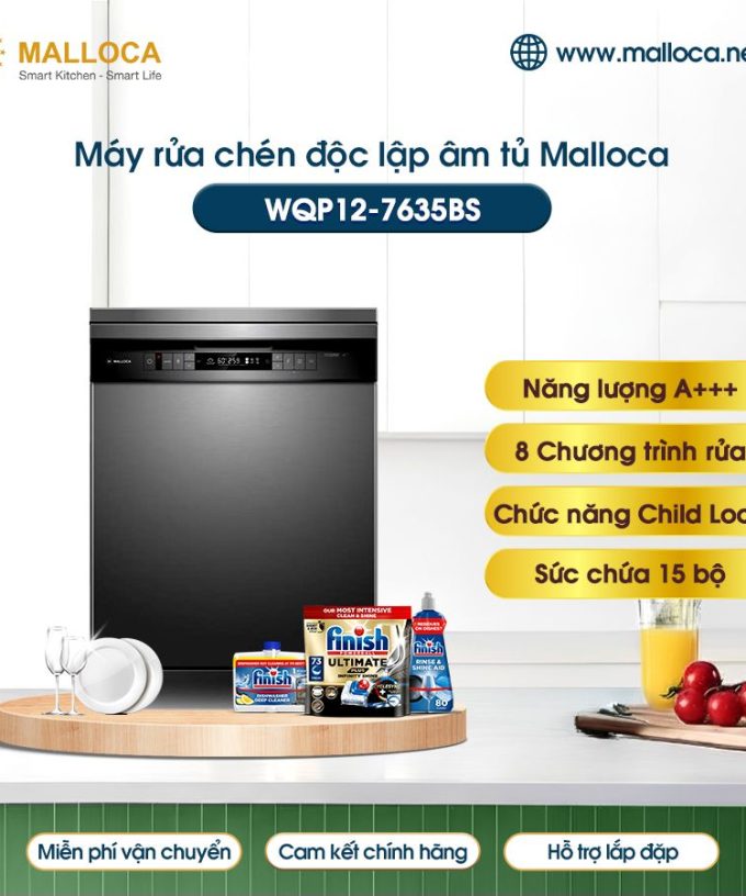 Máy rửa bát Malloca WQP12-7635BS độc lập
