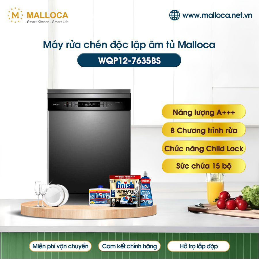 Máy rửa bát Malloca WQP12-7635BS độc lập