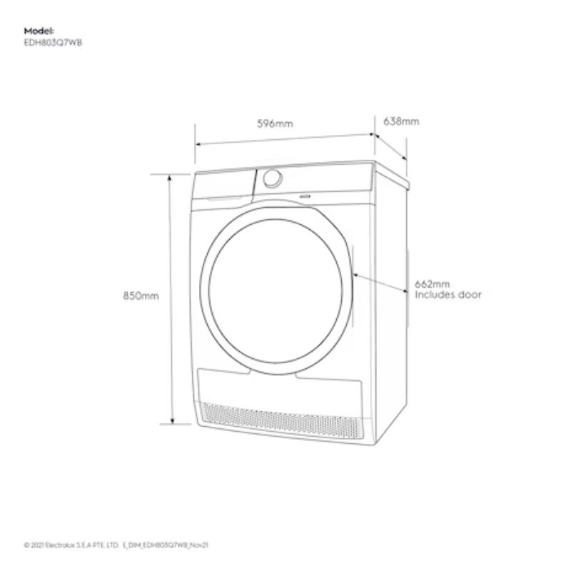 Kích thước máy sấy bơm nhiệt Electrolux 8kg EDH803Q7WB Kích thước máy sấy Electrolux EDH803Q7WB