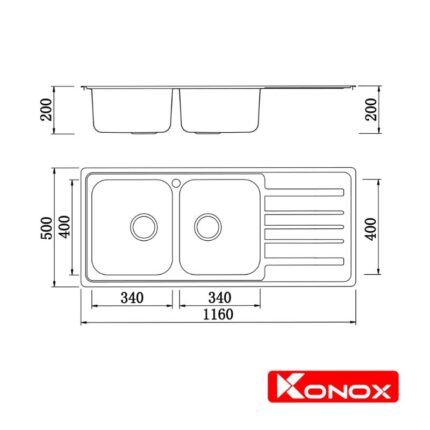 Chậu rửa bát Konox European Artusi KS11650 1D Bàn phải 5 Kích thước chậu rửa bát Konox European Artusi KS11650 1D Bàn phải