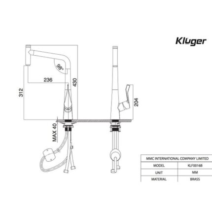 Vòi rửa bát nóng lạnh Kluger KLF0016B có dây rút 5 Kích thước vòi rửa bát nóng lạnh Kluger KLF0016B có dây rút