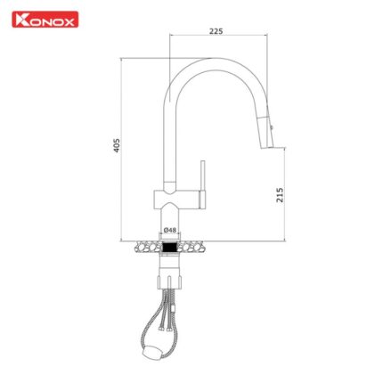 Vòi rửa bát nóng lạnh Konox Comfor Chrome có dây rút 3 Kích thước vòi rửa bát nóng lạnh Konox Comfor Chrome có dây rút
