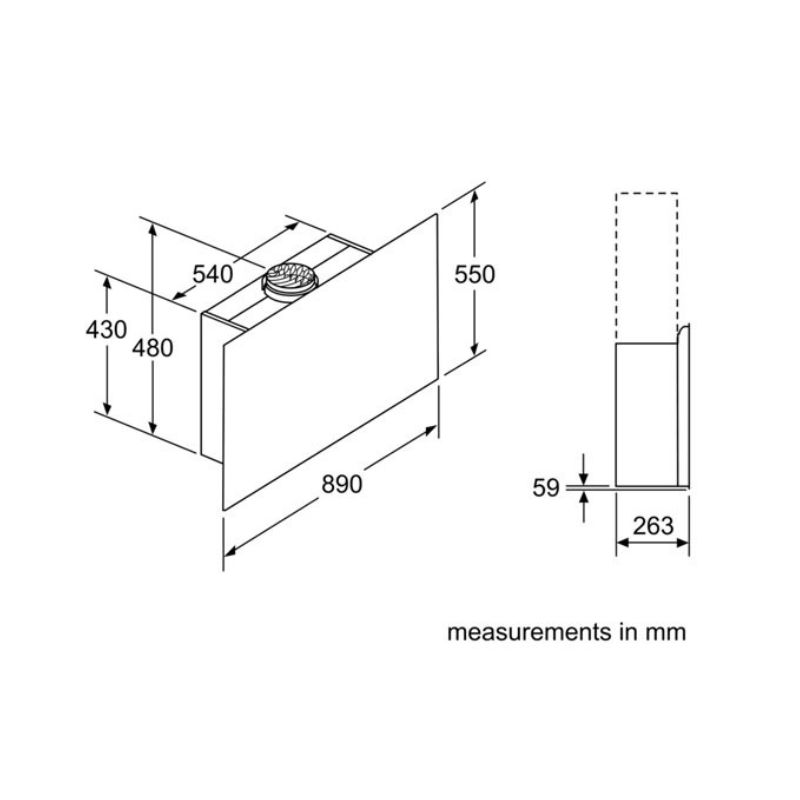 Kích thước của máy hút mùi kính phẳng Bosch DWF97RV60B series 8 Kích thước của máy hút mùi kính phẳng Bosch DWF97RV60B series 8