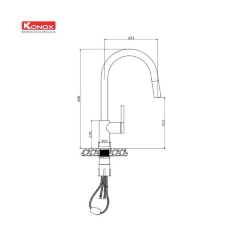 Vòi rửa bát rút dây Konox Alto Black 3 kích thước của vòi rửa bát rút dây Konox Alto Black