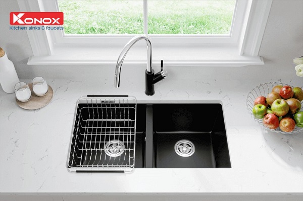 ĐÁNH GIÁ CHẬU RỬA BÁT ÂM BÀN ĐÁ LOẠI NÀO TỐT ĐÁNG MUA NHẤT 5 Chậu rửa bát âm bàn đá Konox Granite Sink Veloci 760D – Black