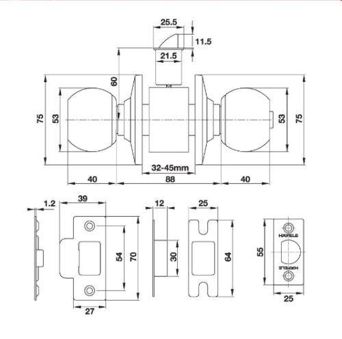 Bộ khóa tay nắm tròn cửa WC Hafele 489.93.137 3 Kích thước của Bộ khóa tay nắm tròn cửa WC Hafele 489.93.137