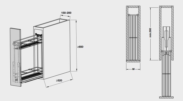 Kích thước của Bộ rổ kéo Hafele 549.34.021 cho tủ hẹp 200mm Kích thước của Bộ rổ kéo Hafele 549.34.021 cho tủ hẹp 200mm
