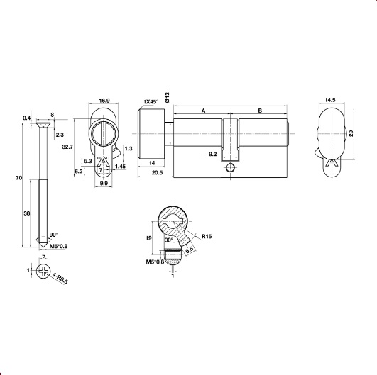 Kích thước của Ruột khóa nhà vệ sinh 60mm Hafele 489.56.006 Kích thước của Ruột khóa nhà vệ sinh 60mm Hafele 489.56.006