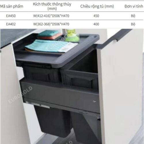 Thùng rác âm tủ giảm chấn Eurogold EA402 3 Kích thước thùng rác âm tủ giảm chấn Eurogold EA402