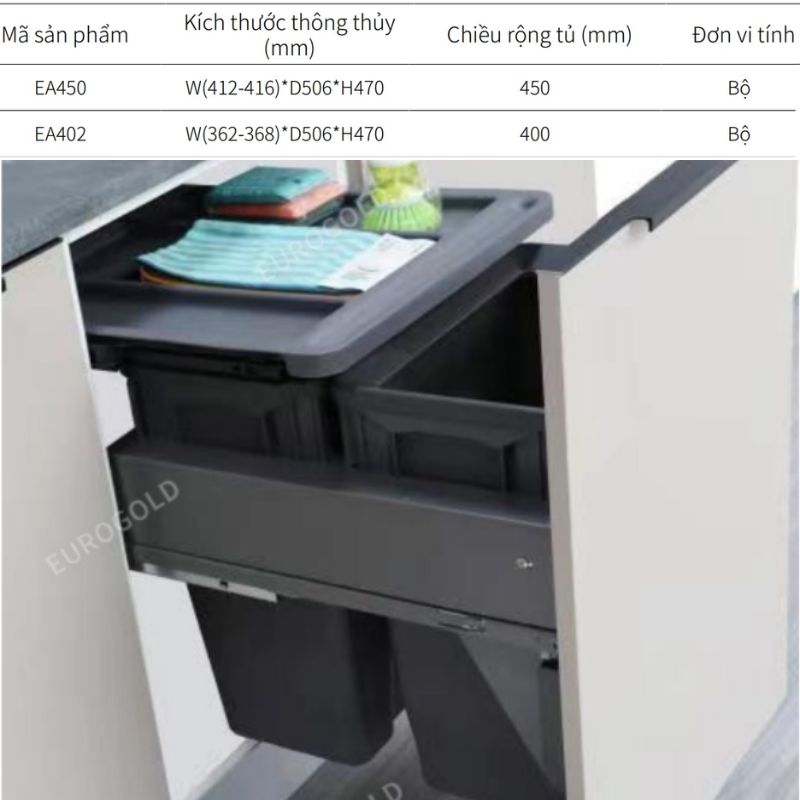 Kích thước thùng rác âm tủ giảm chấn Eurogold EA402 Kích thước thùng rác âm tủ giảm chấn Eurogold EA402
