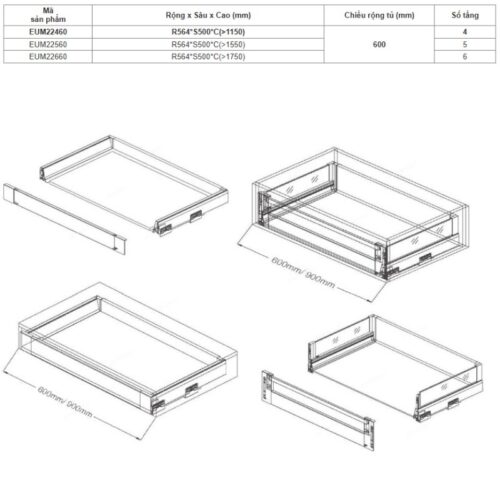 Tủ kho ngăn kéo độc lập Eurogold EUM22460 3 Kích thước tủ kho ngăn kéo độc lập Eurogold EUM22460