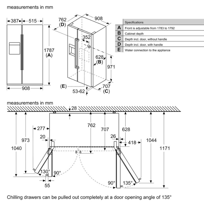 Kích thước tủ lạnh 2 cánh side by side 531 lít Bosch KAG93AIEP Kích thước tủ lạnh 2 cánh side by side 531 lít Bosch KAG93AIEP