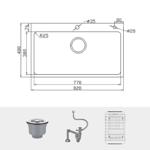 Chậu rửa bát inox 1 hố Konox KN8248SO Dekor 4 Chi tiết chậu rửa bát inox 1 hố Konox KN8248SO Dekor