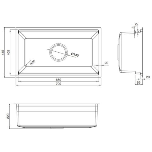 Chậu rửa bát 1 hố Kluger KWU8161FB-S70 5 Kích thước chậu rửa bát 1 hố Kluger KWU8161FB-S70