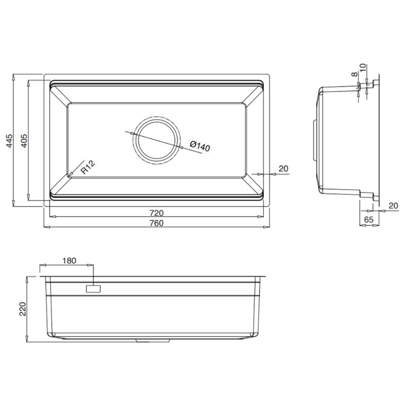 Kích thước chậu rửa bát 1 hố Kluger KWU8161FB-S76 Kích thước chậu rửa bát 1 hố Kluger KWU8161FB-S76