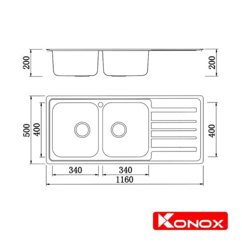 Chậu rửa chén bát Konox Artusi KS11650 1D Bàn phải 5 Kích thước chậu rửa chén bát Konox Artusi KS11650 1D Bàn phải