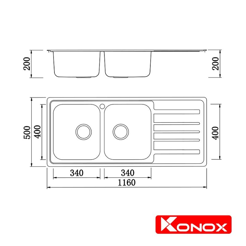 Kích thước chậu rửa chén bát Konox Artusi KS11650 1D Bàn phải Kích thước chậu rửa chén bát Konox Artusi KS11650 1D Bàn phải