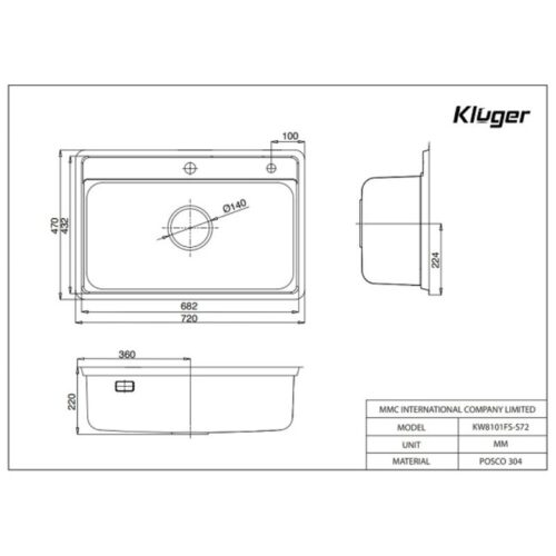 Chậu rửa phụ inox Kluger KSWB-403FB 4 Kích thước chậu rửa phụ inox Kluger KSWB-403FB