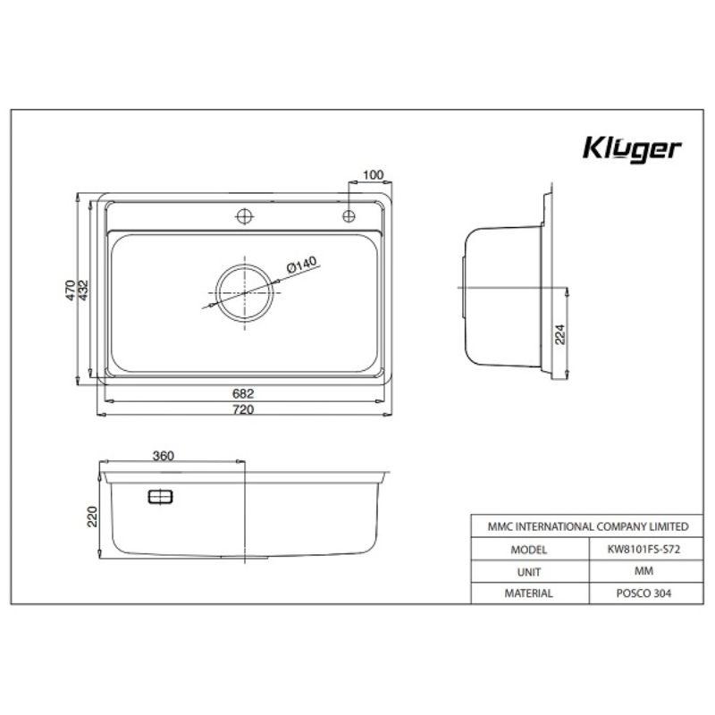 Kích thước chậu rửa phụ inox Kluger KSWB-403FB Kích thước chậu rửa phụ inox Kluger KSWB-403FB