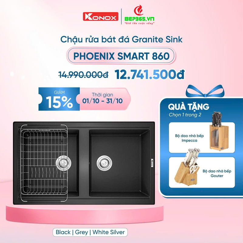 Khuyến mãi chậu rửa bát Konox Granite Sink Phoenix Smart 860 - Black Khuyến mãi chậu rửa bát Konox Granite Sink Phoenix Smart 860 - Black