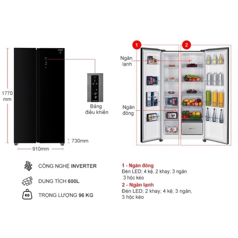 Thông số tủ lạnh 2 cánh side by side 600 lít Sharp SJ-SBXP600VG-BK Thông số tủ lạnh 2 cánh side by side 600 lít Sharp SJ-SBXP600VG-BK