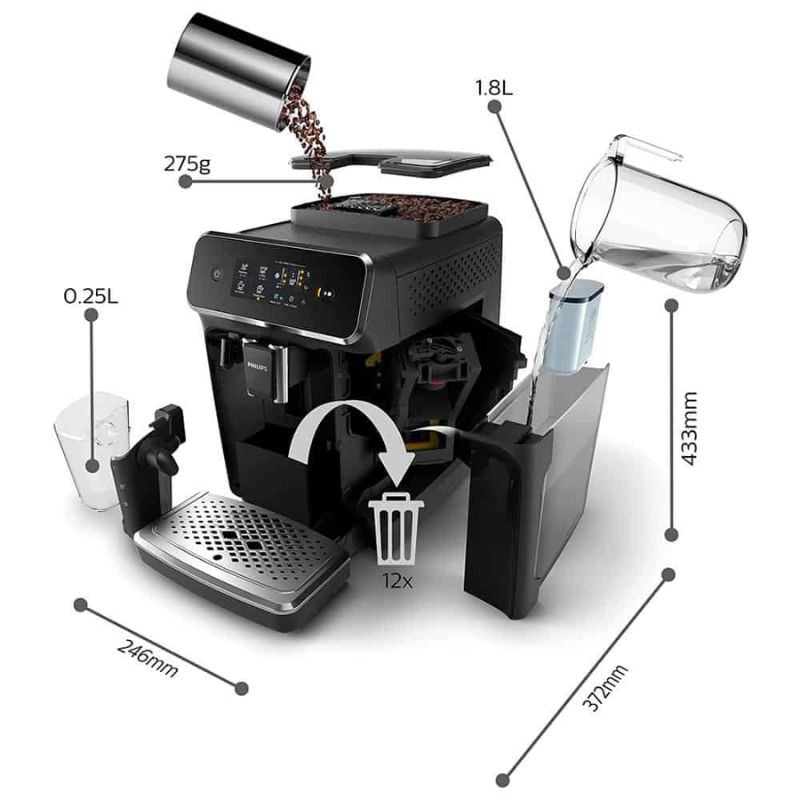 Kích thước máy pha cafe tự động Philips EP2231/40 Kích thước máy pha cafe tự động Philips EP2231/40