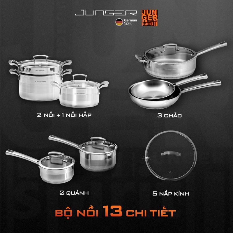Chi tiết bộ nồi Inox Junger JC-100 Chi tiết bộ nồi Inox Junger JC-100