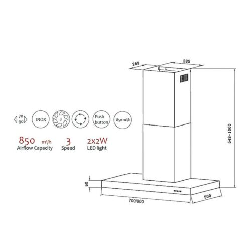Máy hút mùi áp tường Tomate TOM 3023‐70 3 Kích thước máy hút mùi áp tường Tomate TOM 3023‐70