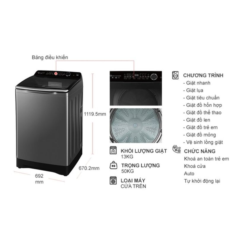 Kích thước máy Giặt Aqua Inverter 13 Kg AQW-DR130UGT.PS cửa trên Kích thước máy Giặt Aqua Inverter 13 Kg AQW-DR130UGT.PS cửa trên