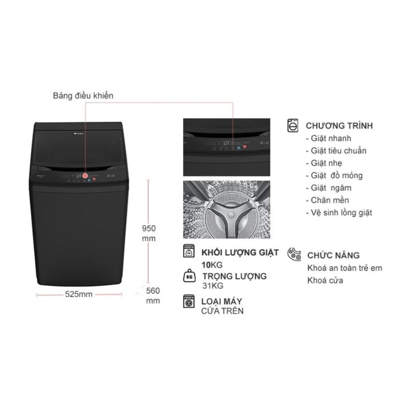 Kích thước máy Giặt Casper 10 Kg WT-10NB3 cửa trên Kích thước máy Giặt Casper 10 Kg WT-10NB3 cửa trên