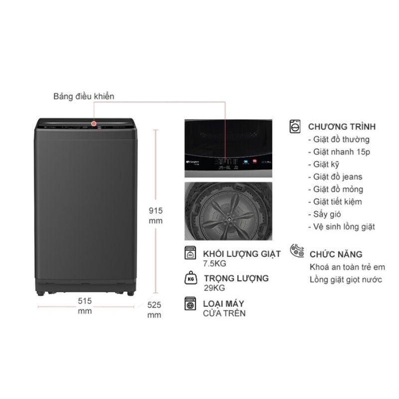 Kích thước máy Giặt Casper 7.5 Kg WT-75NG1 cửa trên Kích thước máy Giặt Casper 7.5 Kg WT-75NG1 cửa trên