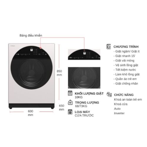 Máy Giặt Hitachi Inverter 10 Kg BD-100GV WH cửa trước 4 Kích thước máy Giặt Hitachi Inverter 10 Kg BD-100GV WH cửa trước