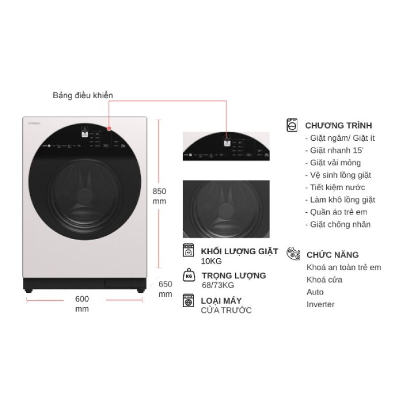 Kích thước máy Giặt Hitachi Inverter 10 Kg BD-100GV WH cửa trước Kích thước máy Giặt Hitachi Inverter 10 Kg BD-100GV WH cửa trước