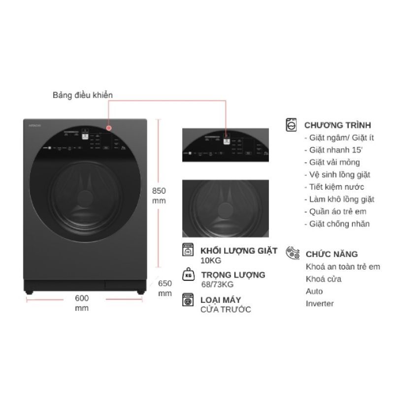 Kích thước máy Giặt Hitachi Inverter 10 Kg BD-100XGV MAG cửa trước Kích thước máy Giặt Hitachi Inverter 10 Kg BD-100XGV MAG cửa trước