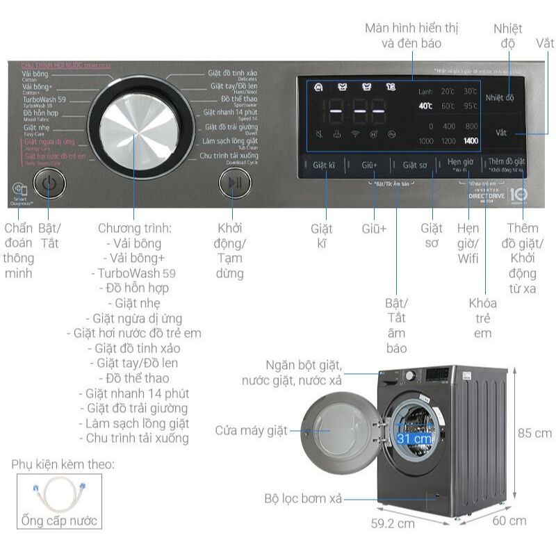 Kích thước máy Giặt LG Inverter 10 Kg FV1410S4B cửa trước Kích thước máy Giặt LG Inverter 10 Kg FV1410S4B cửa trước