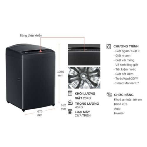 Máy Giặt LG Inverter 20 Kg TV2520DV7J cửa trên 5 Kích thước máy Giặt LG Inverter 20 Kg TV2520DV7J cửa trên