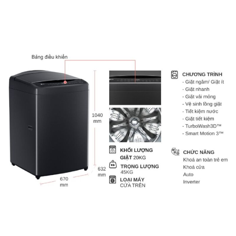 Kích thước máy Giặt LG Inverter 20 Kg TV2520DV7J cửa trên Kích thước máy Giặt LG Inverter 20 Kg TV2520DV7J cửa trên